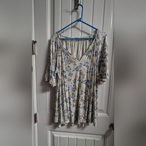 Lane Bryant Floral V-Neck Flutter Sleeve Dress - Blue & Tan on Cream